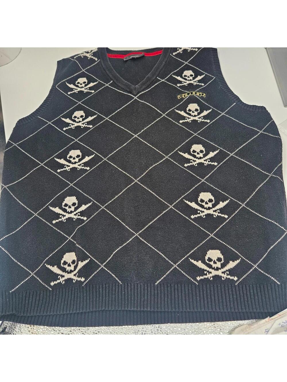 Vintage Djab Skull Argyle Knit Sweater Vest Punk Goth Black 100% Cotton Large